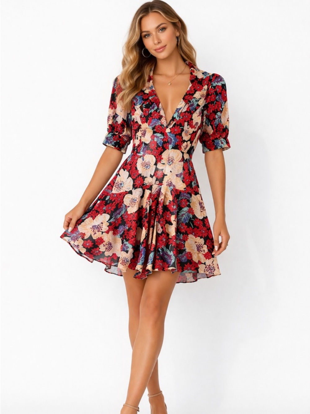 Floral Fit-and-Flare Mini Dress in Red and Cream